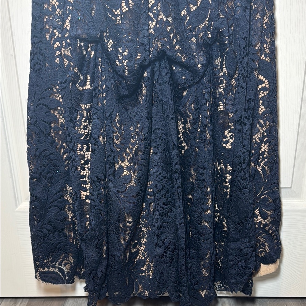 Navy Blue Evening Gown Nude Lining with Lace Overtop Beaded Plunging Neckline - Picture 9 of 16